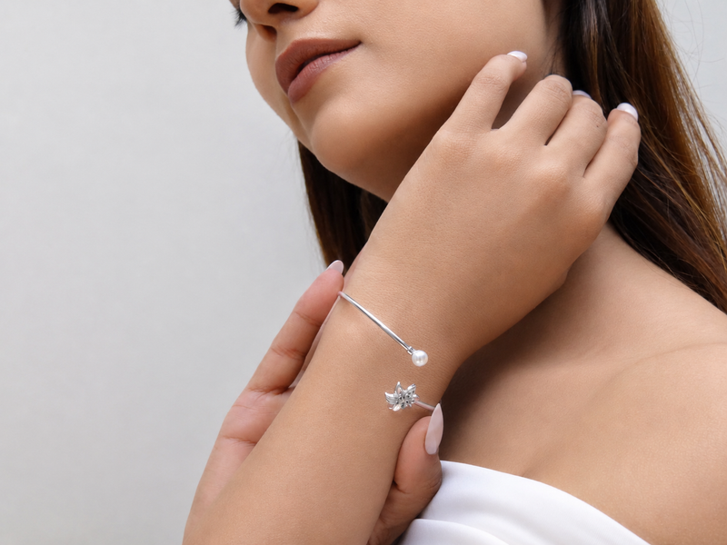 Silver Green Flower & Pearl Open Cuff Bracelet – view 3