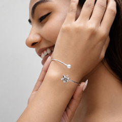 Silver Green Flower & Pearl Open Cuff Bracelet – view 4