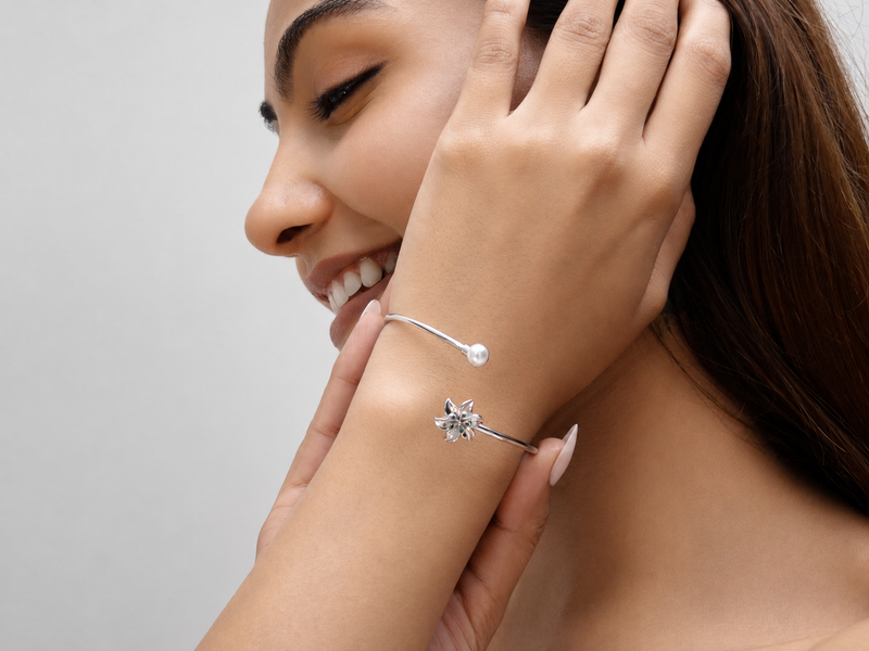 Silver Green Flower & Pearl Open Cuff Bracelet – view 4