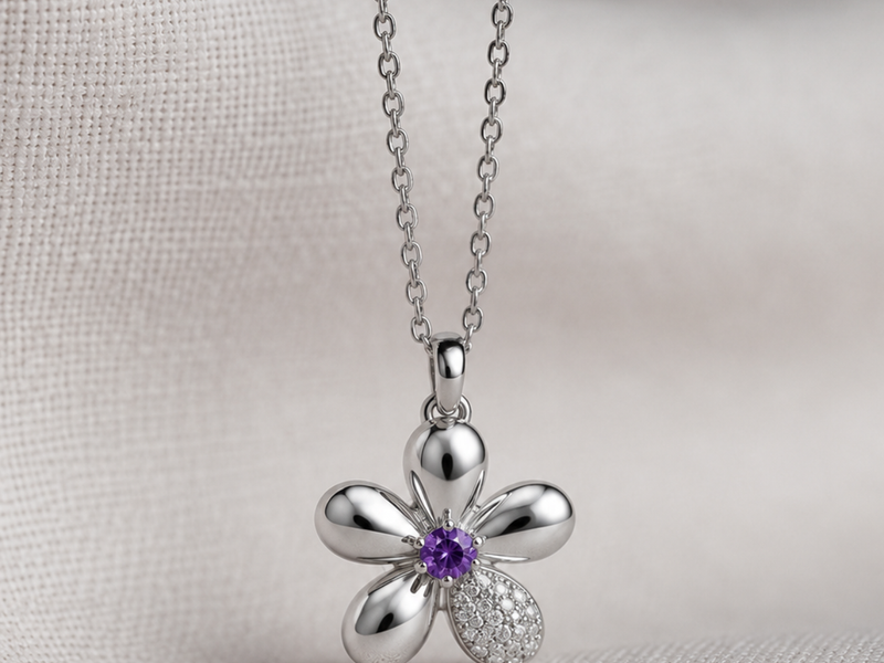 Silver Purple Stone Blossom Pendant
