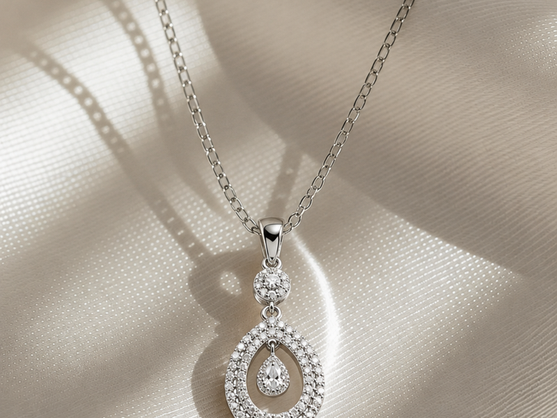 Silver Pave Teardrop Halo Drop Pendant