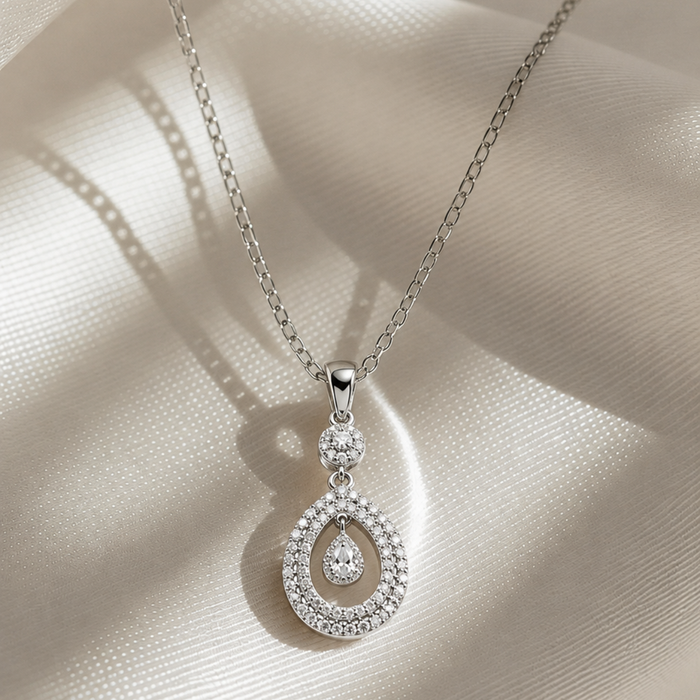 Silver Pave Teardrop Halo Drop Pendant