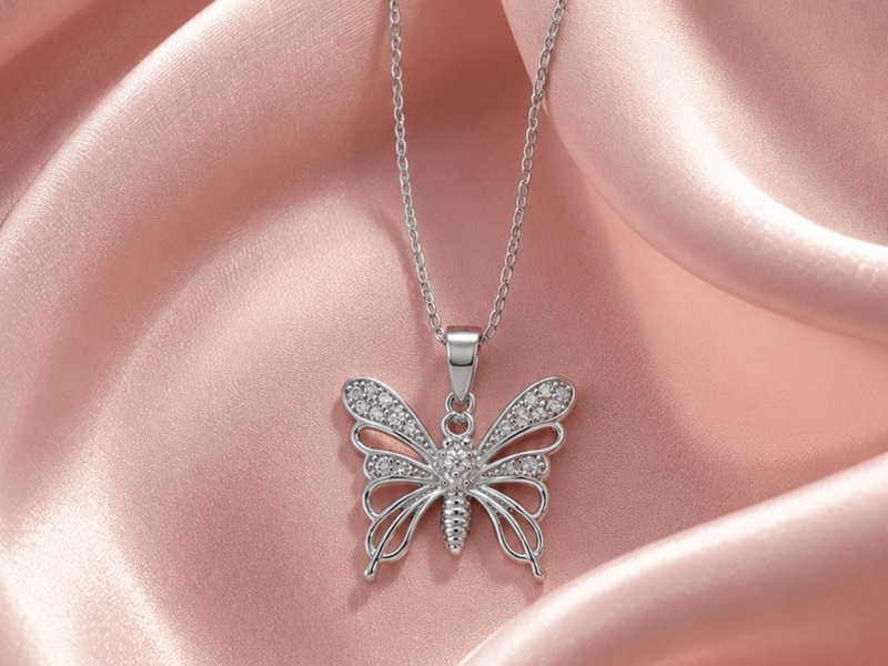 Silver Lace Wing Pave Butterfly Pendant