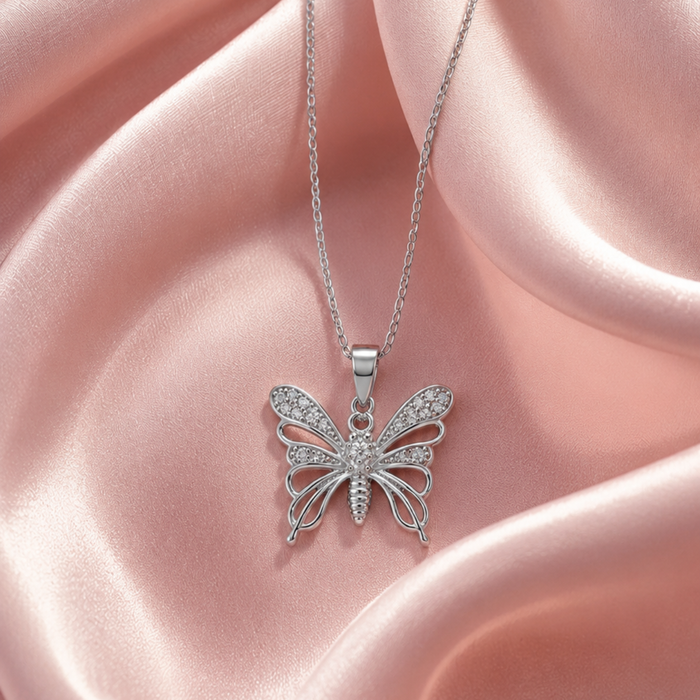 Silver Lace Wing Pave Butterfly Pendant
