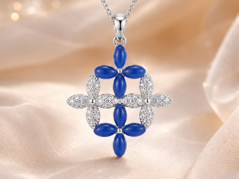 Silver Blue Petal Lattice Cross Pendant