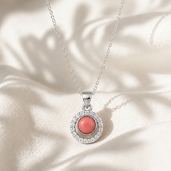 Silver Coral Round Stone Halo Pendant
