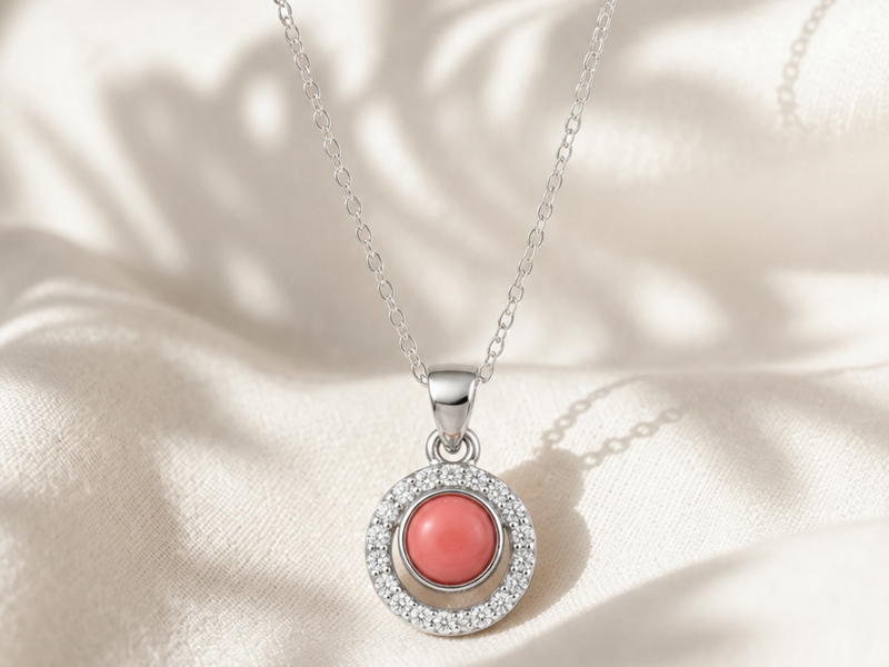 Silver Coral Round Stone Halo Pendant
