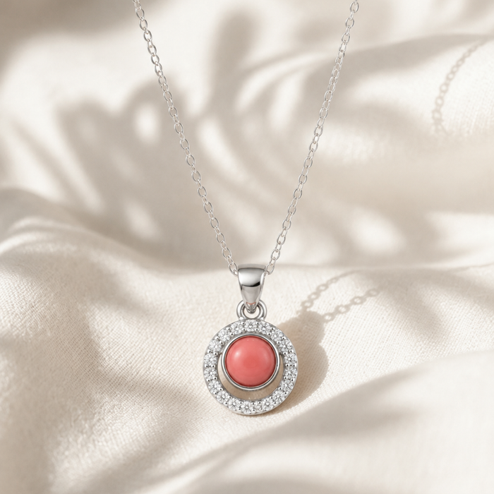 Silver Coral Round Stone Halo Pendant
