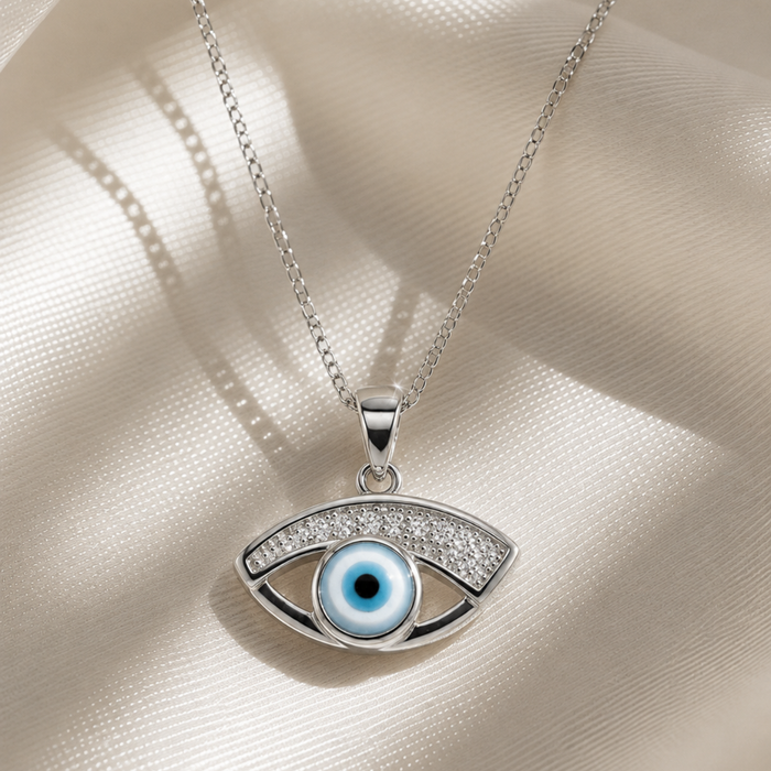 Silver Wide Pave Evil Eye Pendant