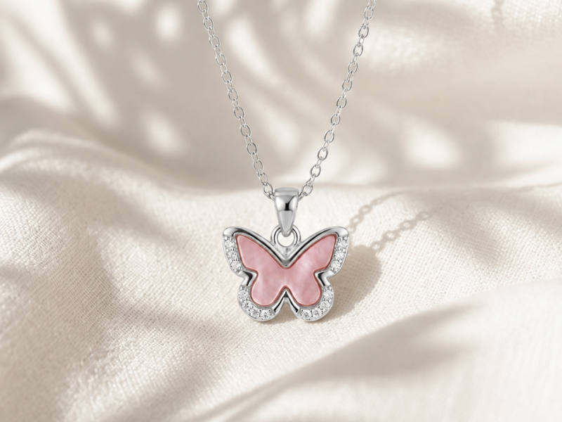 Silver Pink Enamel Pave Butterfly Pendant