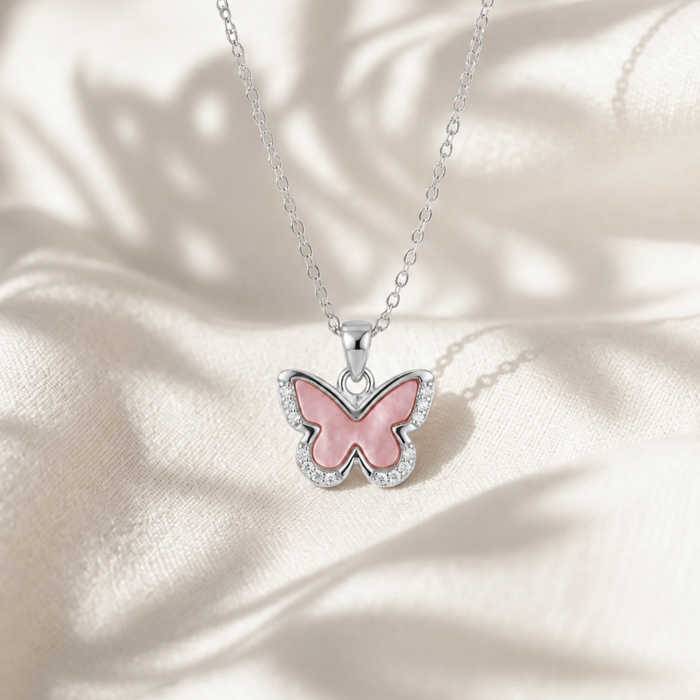 Silver Pink Enamel Pave Butterfly Pendant