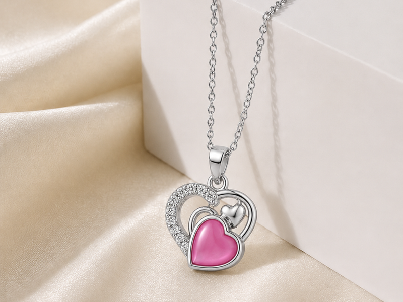 Silver Pink Enamel Heart Swirl Pendant