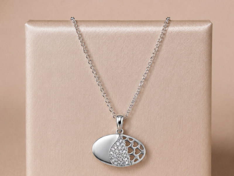Silver Honeycomb Oval Pave Pendant – view 2