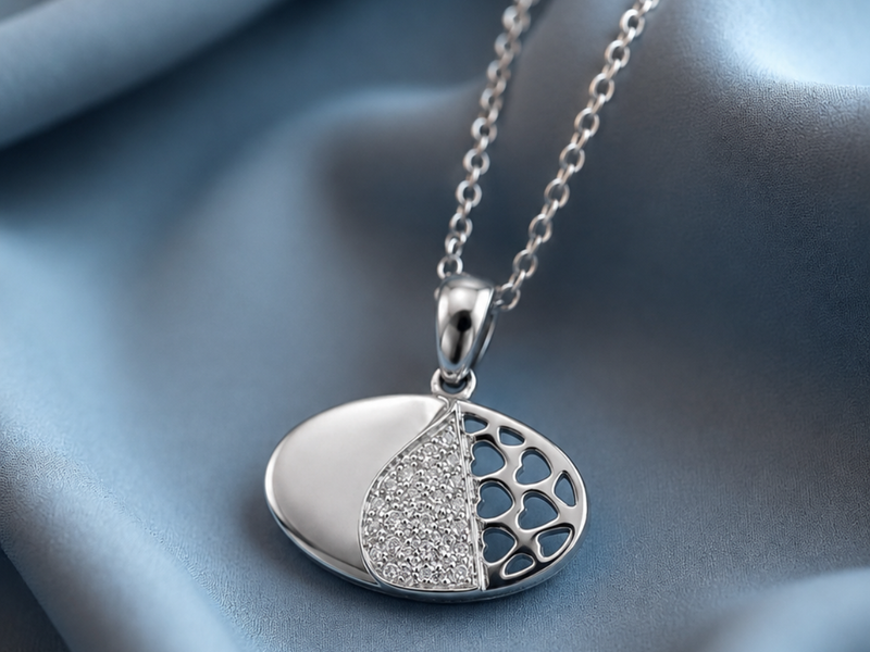 Silver Honeycomb Oval Pave Pendant