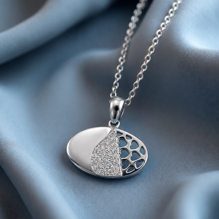 Silver Honeycomb Oval Pave Pendant