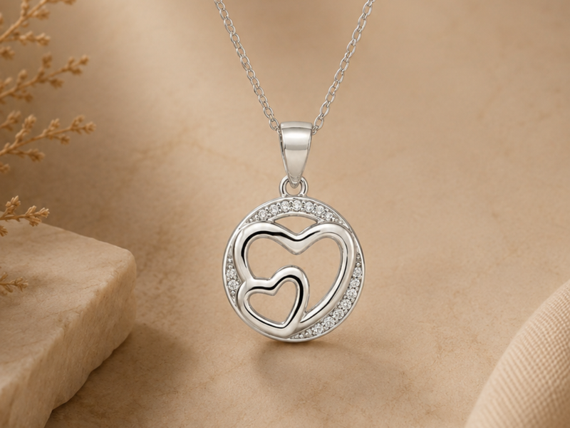 Silver Nested Hearts Pave Circle Pendant