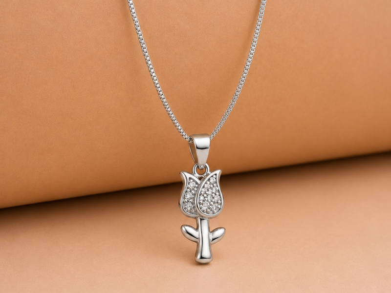 Silver Pave Rose Stem Pendant