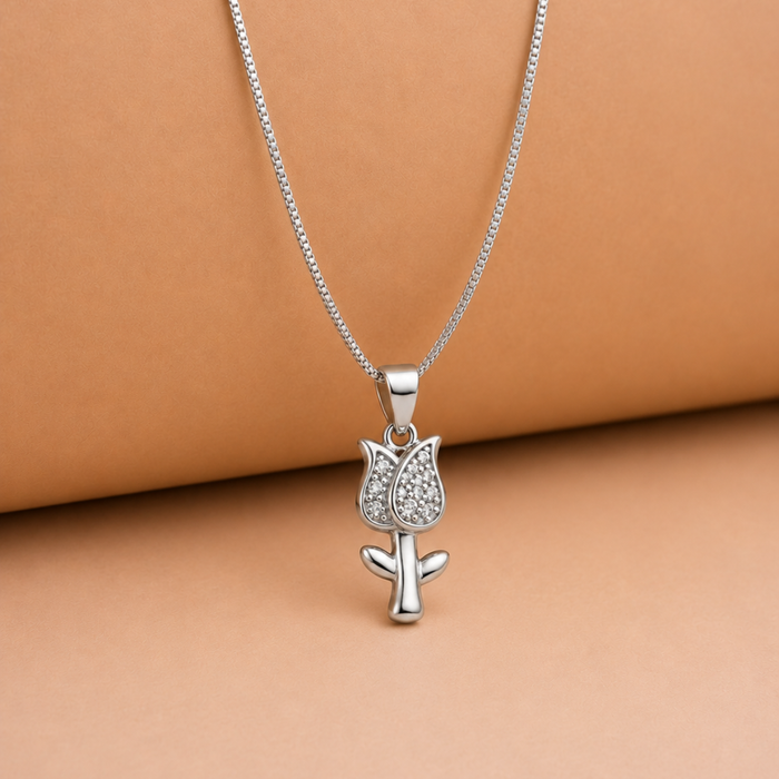 Silver Pave Rose Stem Pendant