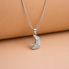 Silver Pave Crescent Moon & Star Pendant