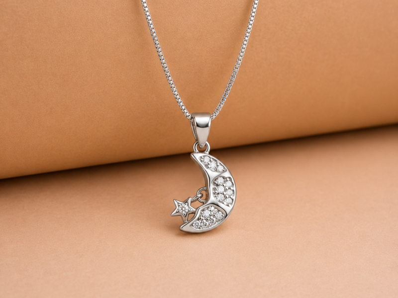 Silver Pave Crescent Moon & Star Pendant