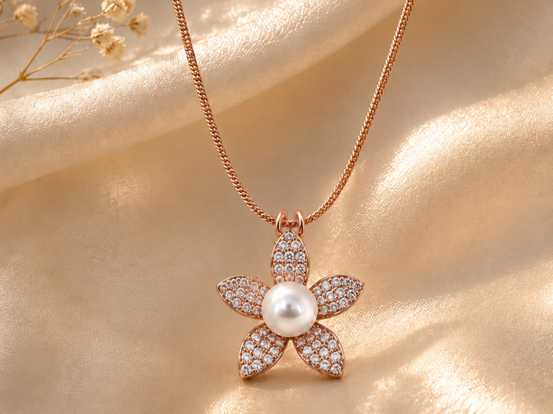 Silver Pearl Flower Pendant with Rose Gold Finish