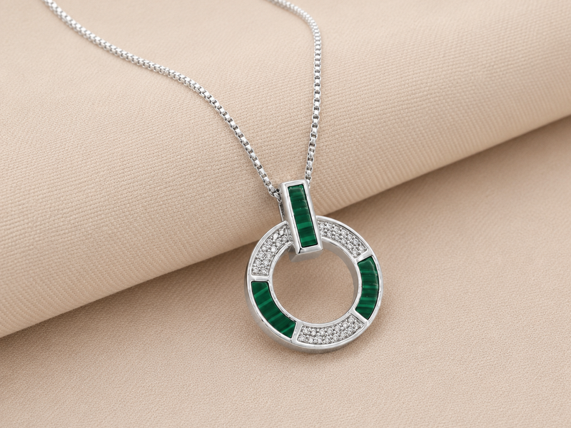 Silver Green Baguette Circle Pendant