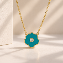 Gold-Tone Turquoise Enamel Flower Pendant