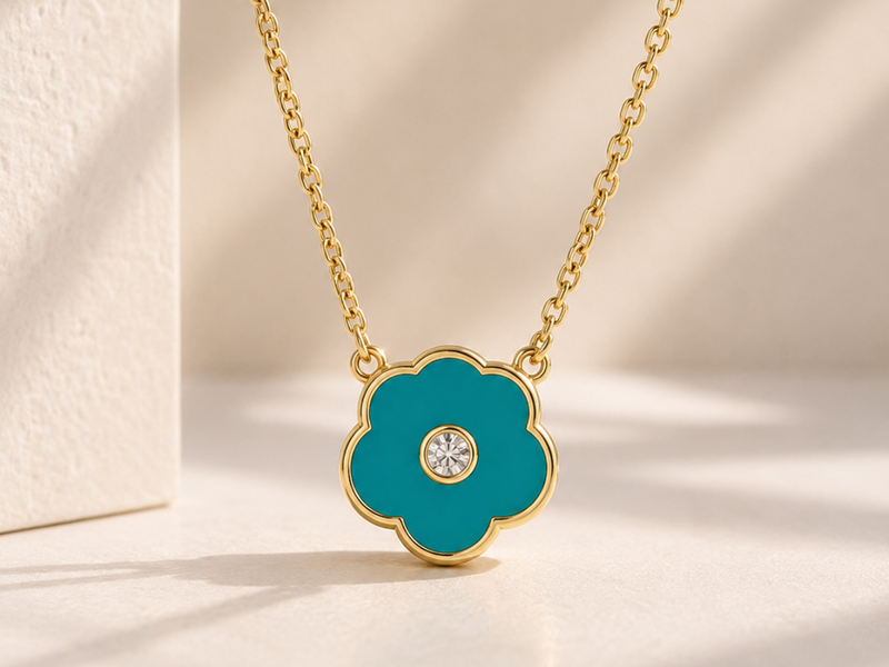 Gold-Tone Turquoise Enamel Flower Pendant