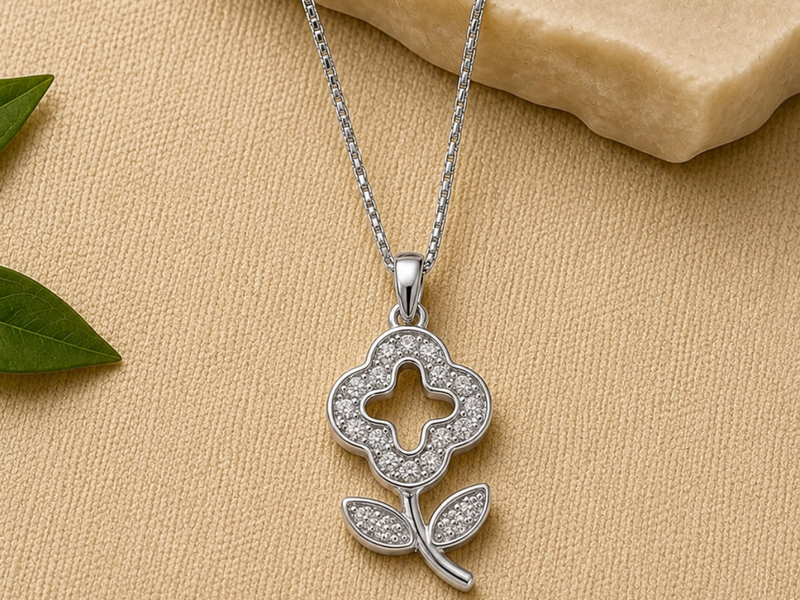 Silver Pave Clover Bloom Stem Pendant