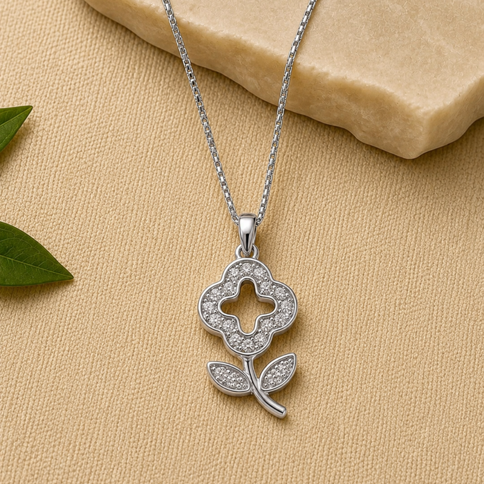 Silver Pave Clover Bloom Stem Pendant