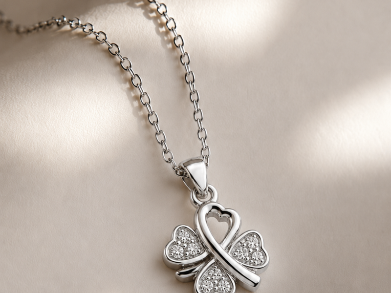 Silver Pave Heart Leaf Clover Pendant