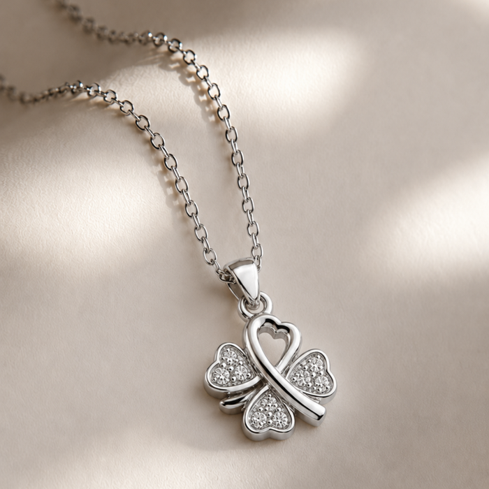 Silver Pave Heart Leaf Clover Pendant