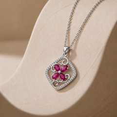 Silver Pink Flower Pave Square Frame Pendant