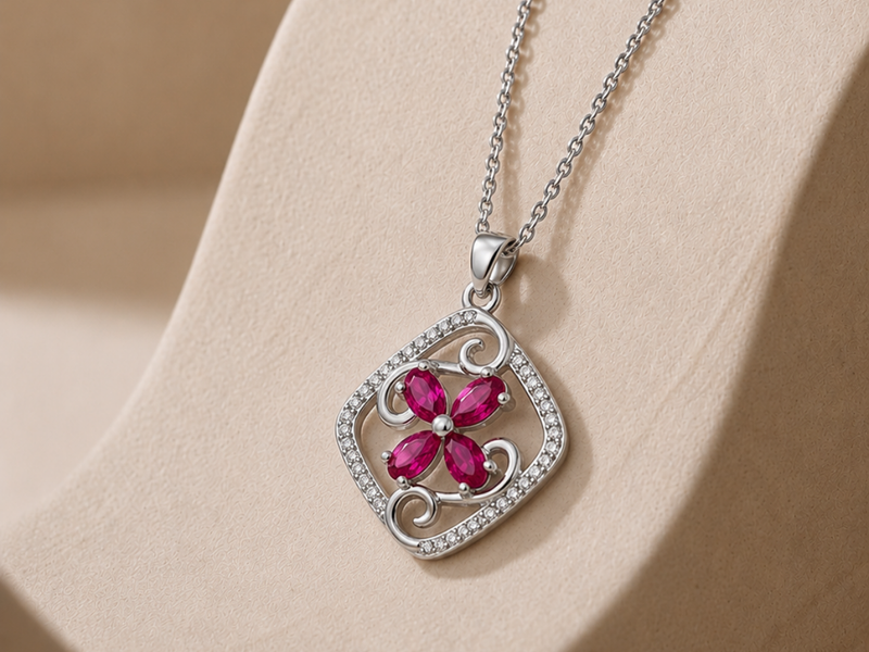 Silver Pink Flower Pave Square Frame Pendant