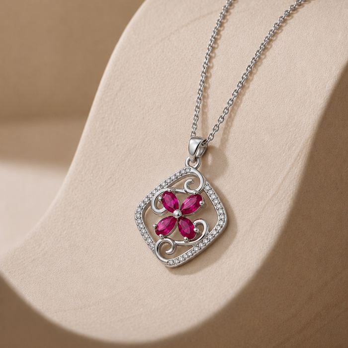 Silver Pink Flower Pave Square Frame Pendant