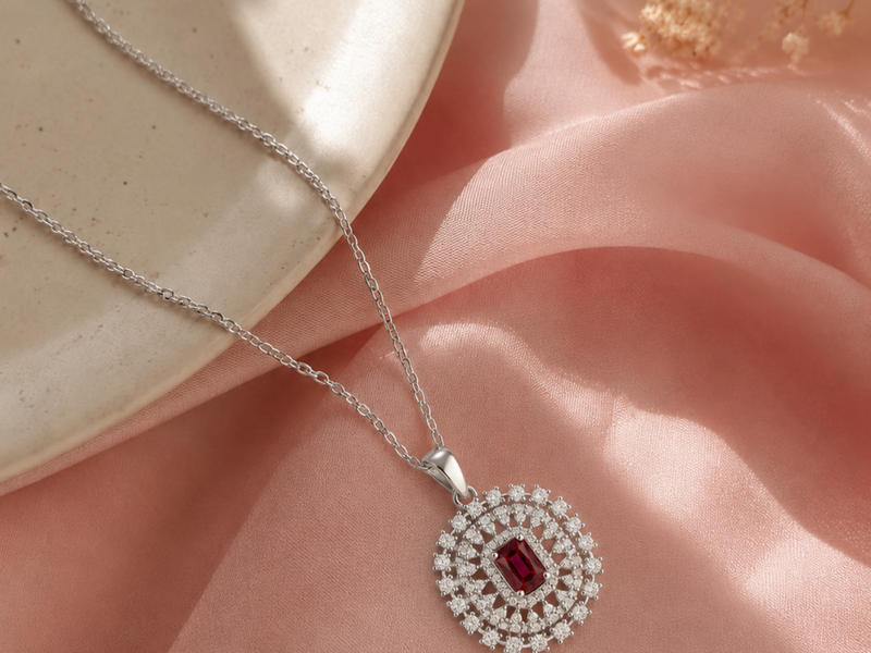 Silver Ruby Oval Double Halo Pendant