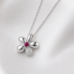Silver Ruby Centre Five-Petal Flower Pendant