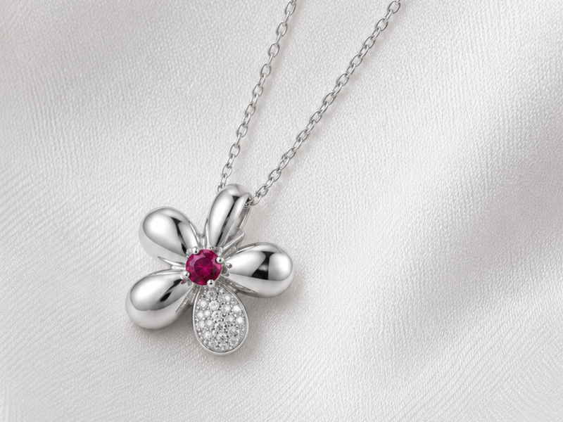 Silver Ruby Centre Five-Petal Flower Pendant