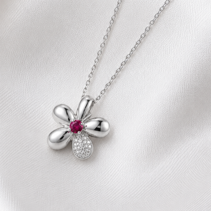Silver Ruby Centre Five-Petal Flower Pendant