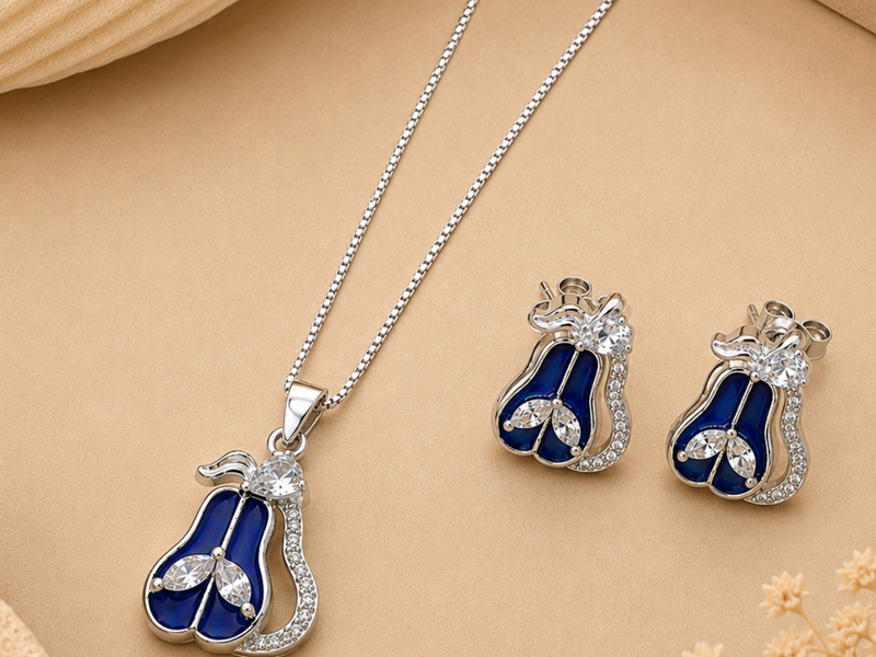 Silver Blue Enamel Pear Pendant & Earring Set