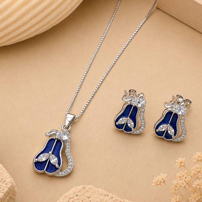 Silver Blue Enamel Pear Pendant & Earring Set