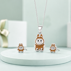 Silver Brown Enamel Bunny Pendant & Stud Set