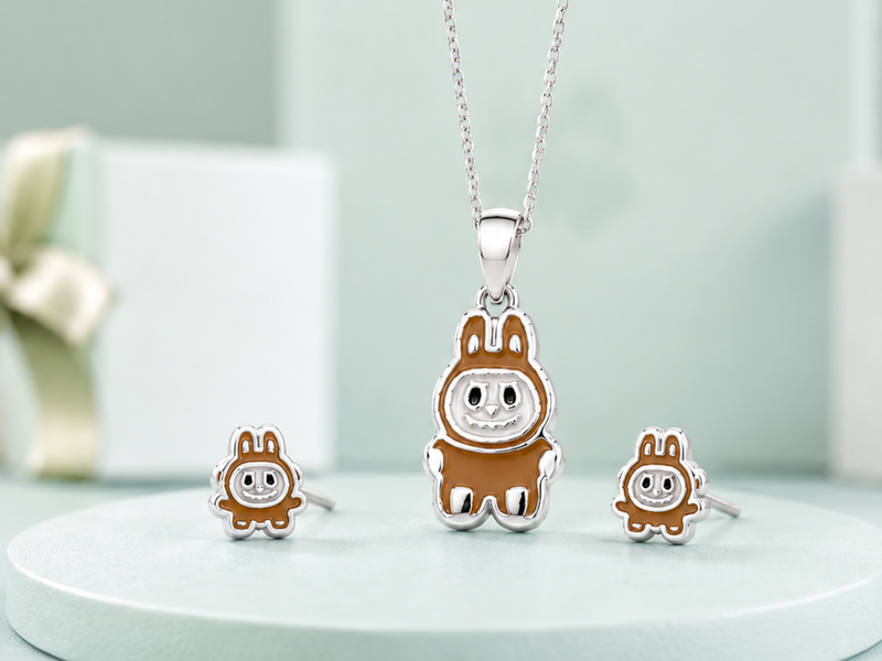 Silver Brown Enamel Bunny Pendant & Stud Set