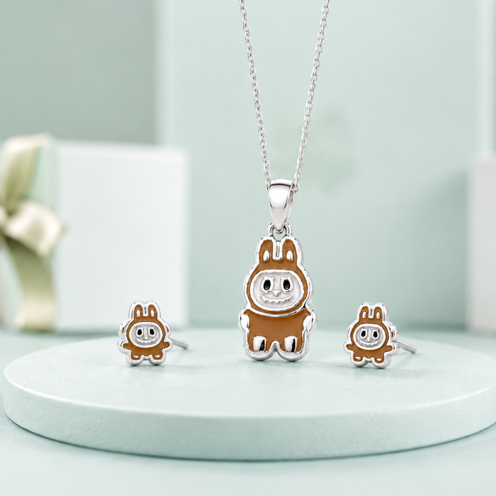 Silver Brown Enamel Bunny Pendant & Stud Set