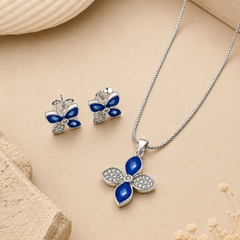 Silver Blue Enamel Four-Petal Flower Pendant Set