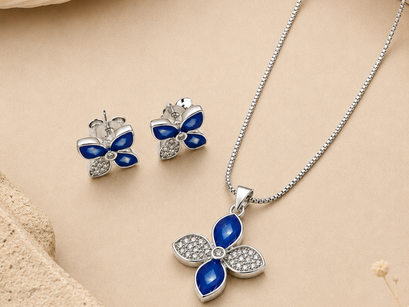 Silver Blue Enamel Four-Petal Flower Pendant Set