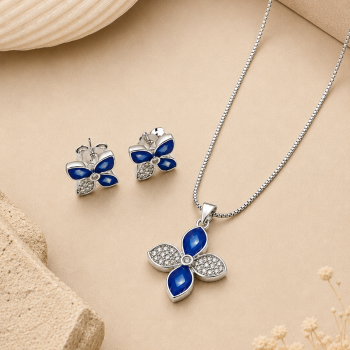 Silver Blue Enamel Four-Petal Flower Pendant Set