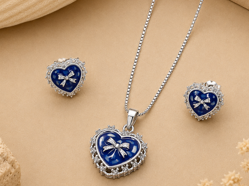 Silver Blue Enamel Bow Heart Pendant Set
