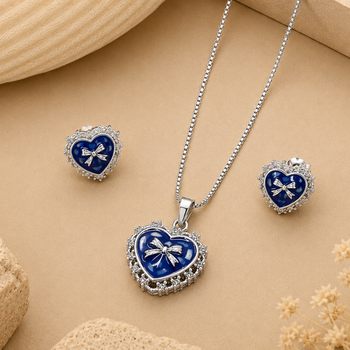 Silver Blue Enamel Bow Heart Pendant Set