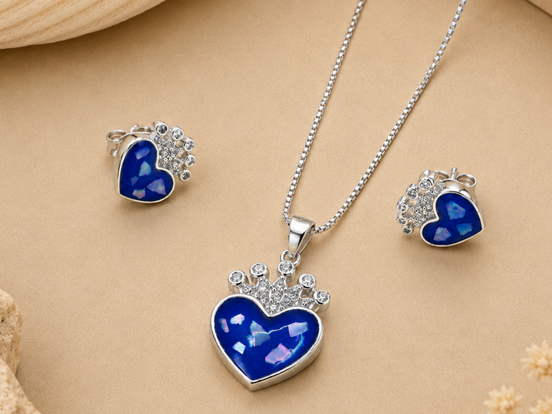 Silver Blue Heart & CZ Crown Pendant Set